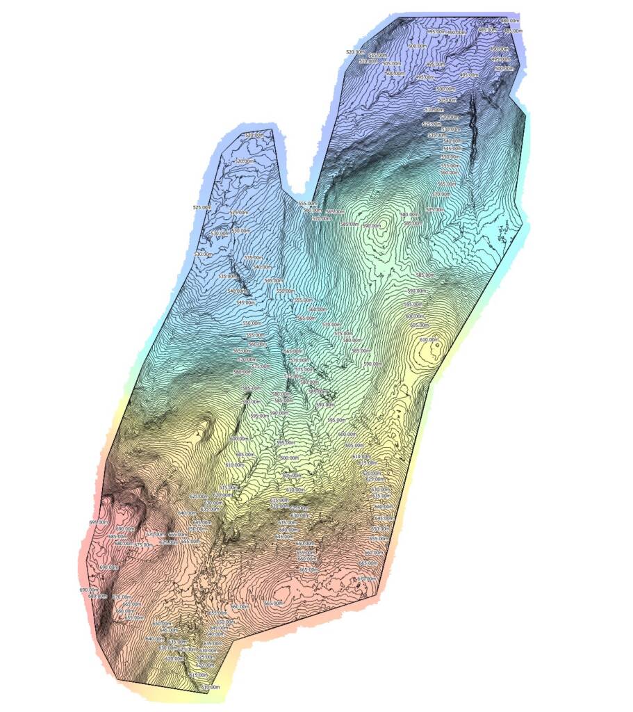Coloured Digital Elevation Model with Contour overlays