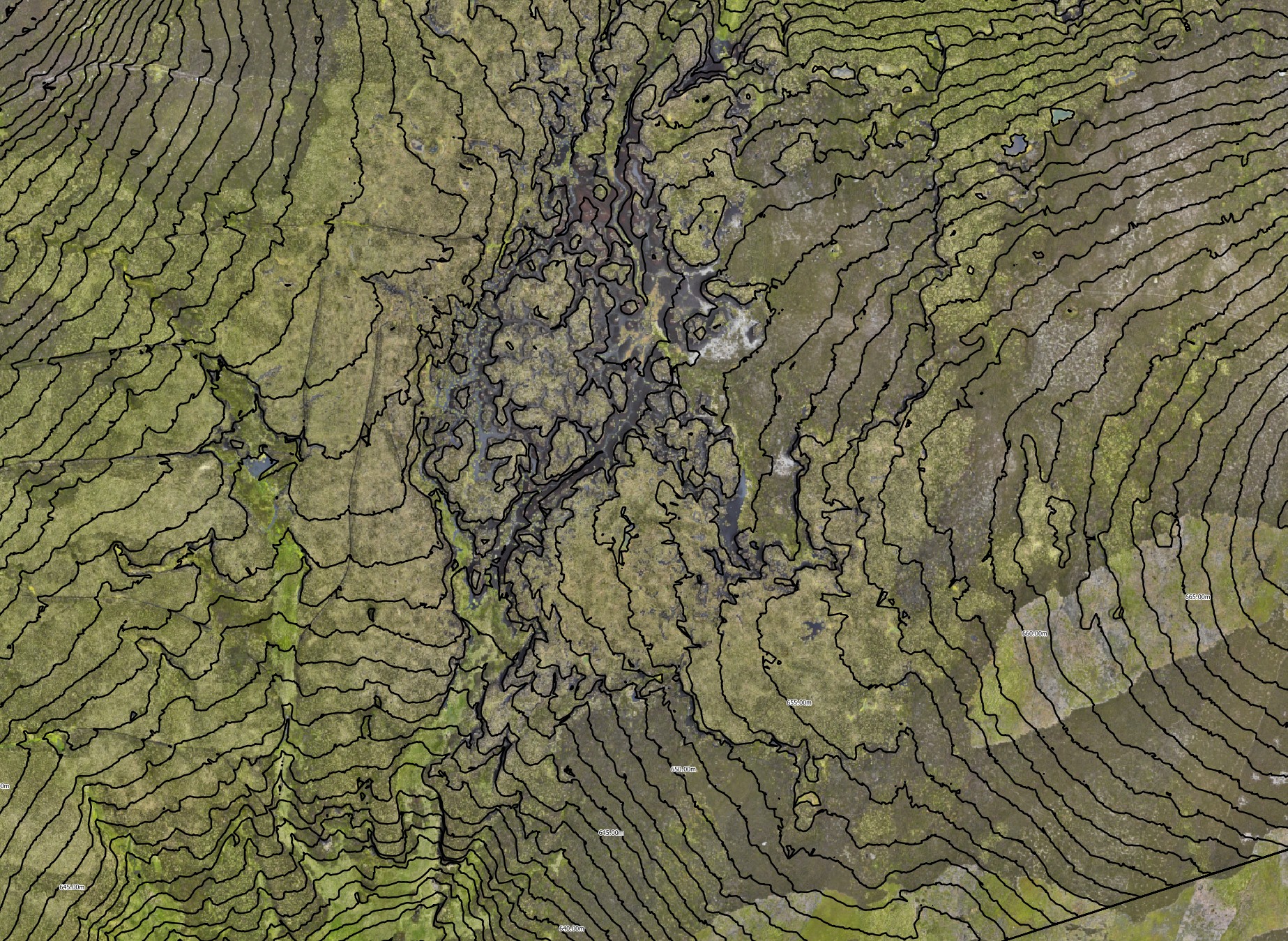Orthomosaic photo of peatland restoration with contour overlay